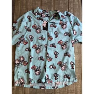 RF Brand Skull Tiki Floral Hawaiian Button Up Shirt Short Sleeve XXL Blue NWT